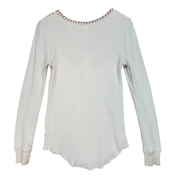 We The Free Free People White Waffle Knit Embroidered Henley Thermal Top‎ Large - Image 2