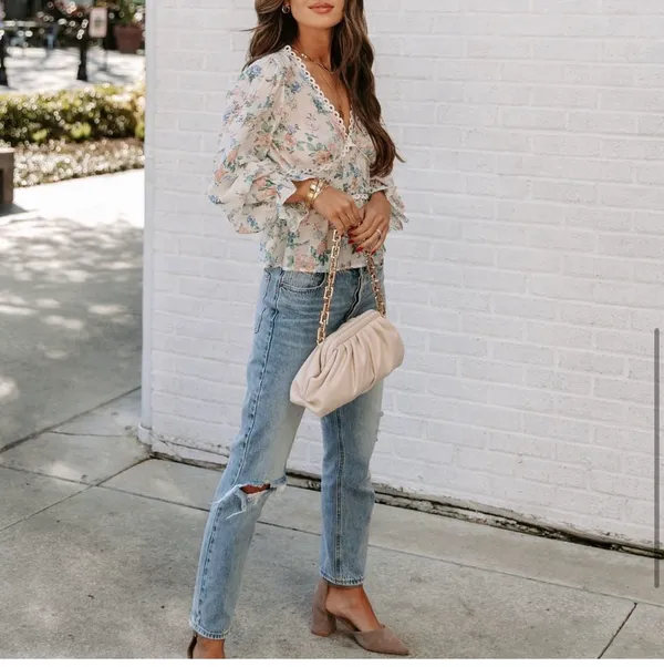 Vici New-Malaia Floral Crochet Peplum Top - Ivory Multi - Image 5