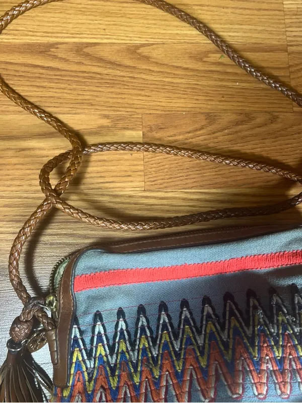 Tory Burch Gray Canvas Crossbody with Multicolor Zigzag Embroidery - Image 6