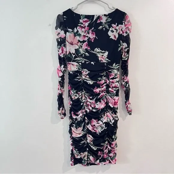 Lulus Ayana Black Pink Floral Ruched Mesh‎ Bodycon Dress SMALL - Image 9