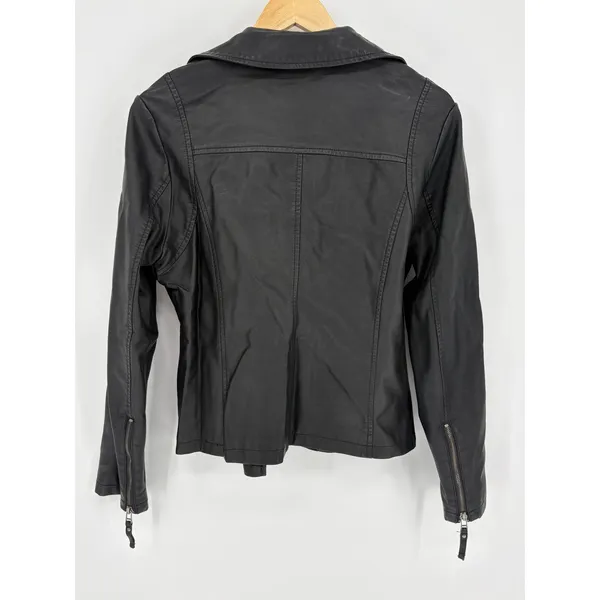 Max Studio Moto Jacket Women M Black Faux Leather Biker Asymmetric Zip Edgy - Image 4