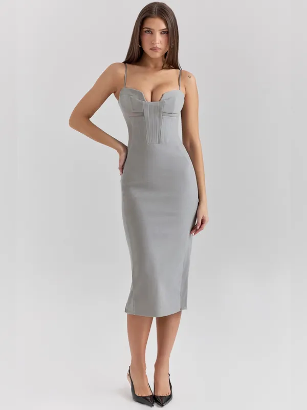 House of CB KIKI Light Grey Mesh Panelled Bodycon Midi Dress M - Image 3