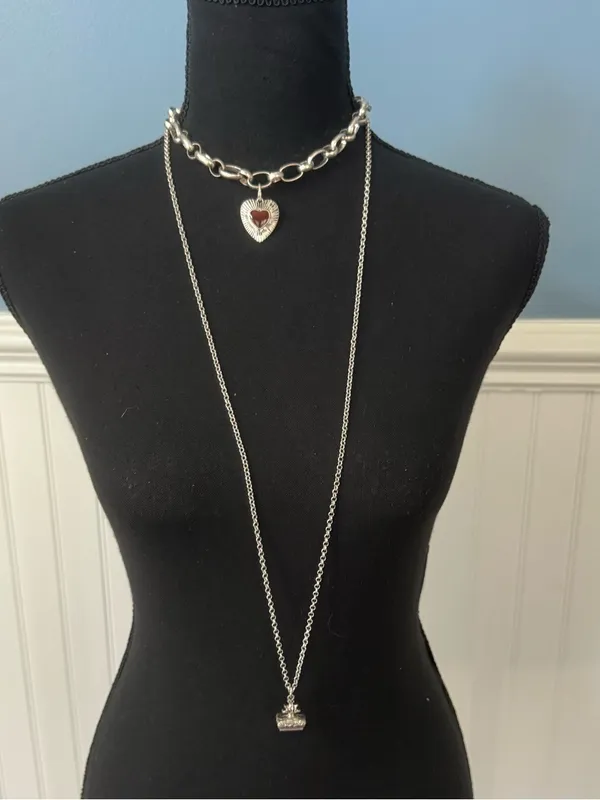 NEW Free People Zehnder Layer Necklace Silver Tone Heart Charm Double Chain Ring - Image 3