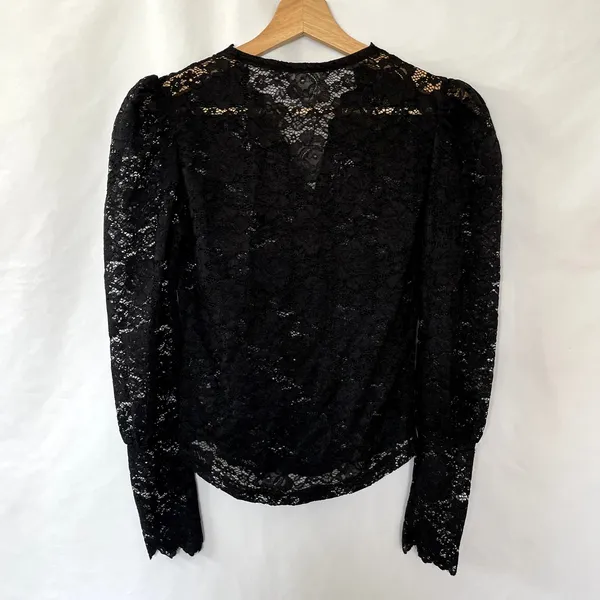 Vintage goth black lace v-neck sheer women's S blouse puffed sleeves victorian - Image 6