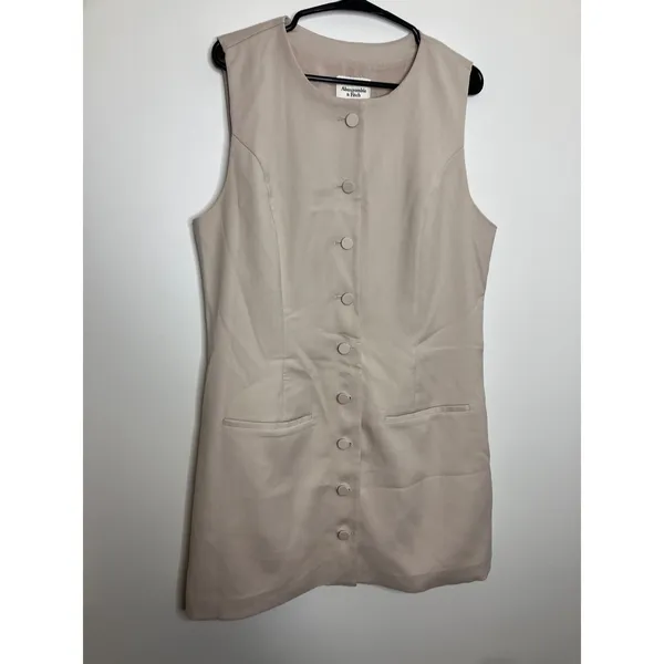 Abercrombie & Fitch Mini Dress Womens L Beige Excellent Button Front Tie Back - Image 2