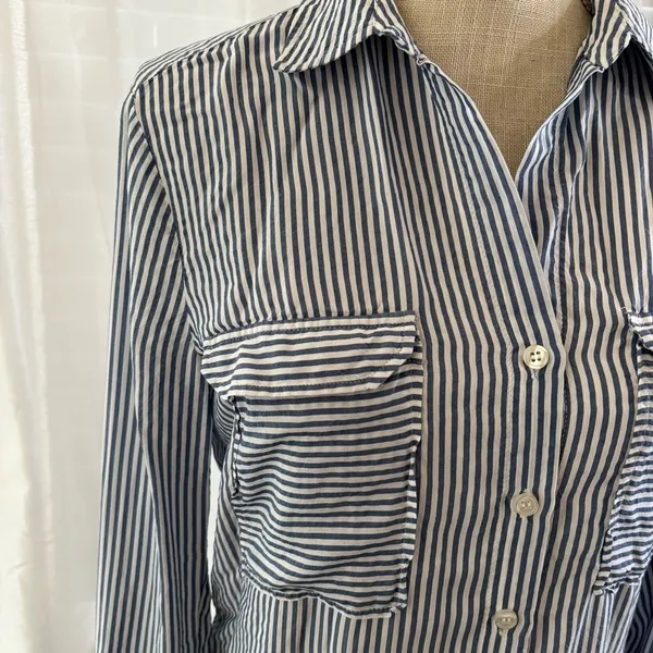 Maeve Anthropologie Blue and White Striped Button Down Shirt - Image 5