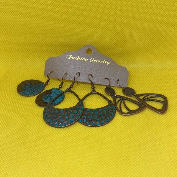 3 Pair Antique Rustic Look Folk Charm Earrings Ancient Copper Matchy Blue Accent - Image 2