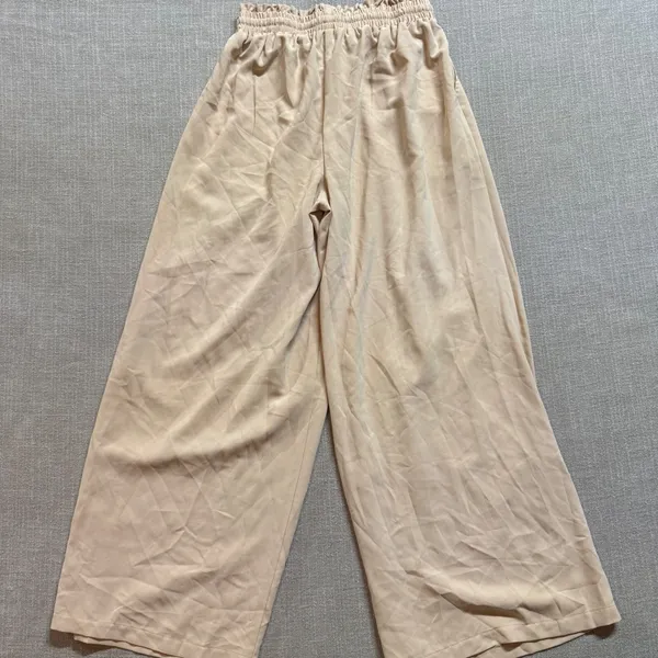 Wide Leg Paperbag Waist Pants Size Medium‎ Tan Beige Flowy Drawstring Trousers - Image 2