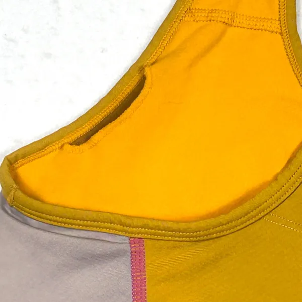 Fabletics Womens M Colorblock Racerback Sports Bra Medium‎ Yellow Pink Grey Yoga - Image 3