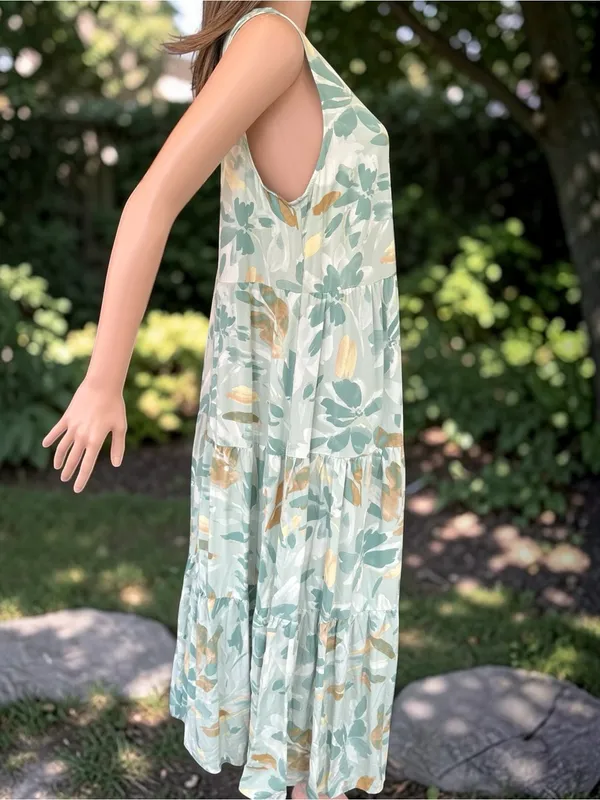 A New Day Sage Abstract Floral Tiered Maxi Dress Large 100% Rayon Boho - Image 4
