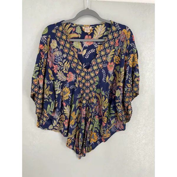 Lola P Womens Blouse Blue Floral Paisley V-Neck Tie Front XL - Image 2