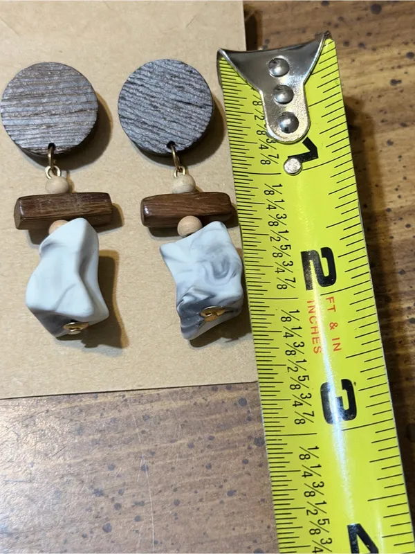 Handmade Wooden & Marbleized Drop Earrings - Brown and White - Image 3