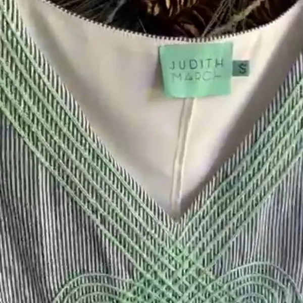 Judith March Blue and White Pinstriped Dress Mint Green Embroidery Size Small - Image 11