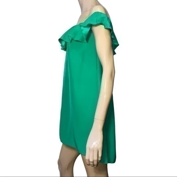 Amanda Uprichard Women’s M Emerald Green Silk Ruffle Top Off Shoulder Mini Dress - Image 4