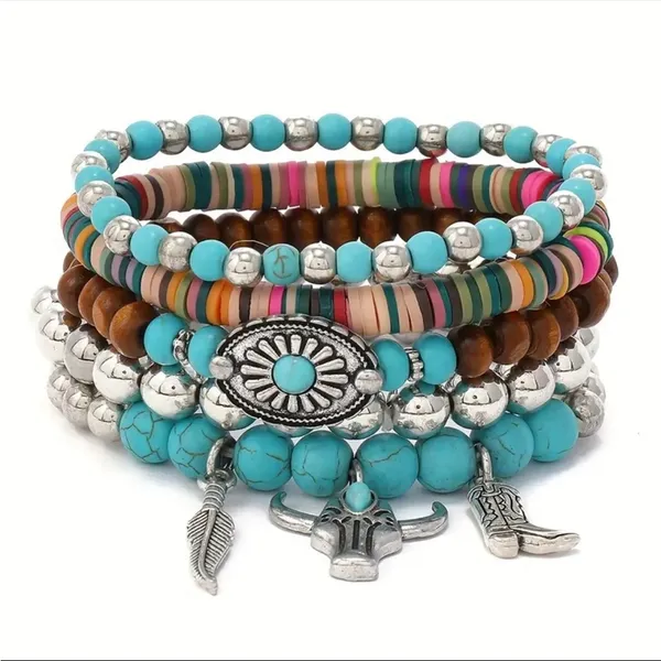 Western Lovely Vibrant Turquoise Stone Beaded Stretch Bracelet Elegant Stackable Brown - Image 7