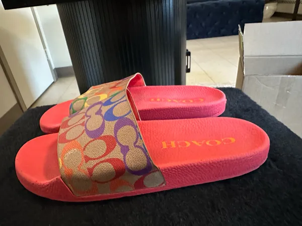 Coach Udele Slide Sandals Rainbow Canvas Multi Pop Red - Image 2
