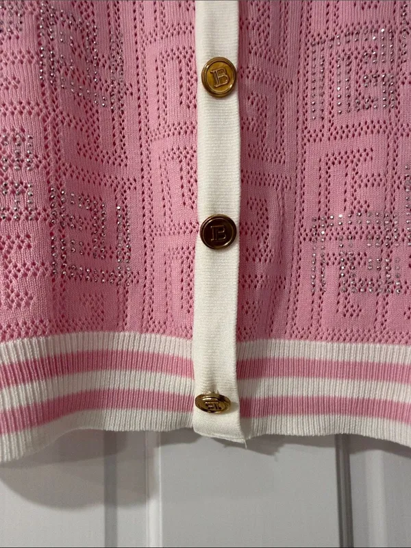 Women’s Pink Short-Sleeve Knit Cardigan with White Trim Gold Buttons - Image 3