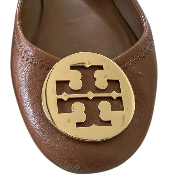 Tory Burch Brown Leather Minnie Travel Ballet Flats with Gold Logo - Image 2