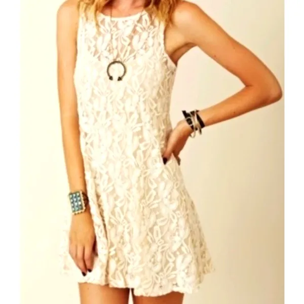 Free People Lace Sleeveless Mini Dress Beige M - Image 3