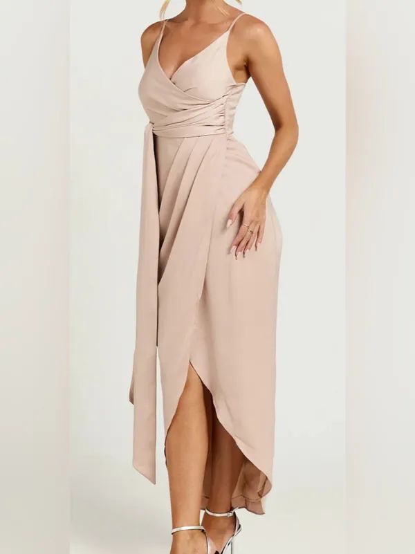 Showpo Wrap Tie Tulip Hem Dress Champagne Size 16 - Image 3