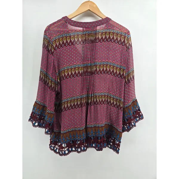 Sundance Silk Blouse Womens XL Boho Pintuck Crochet Lace Pink Paisley V-Neck * - Image 3