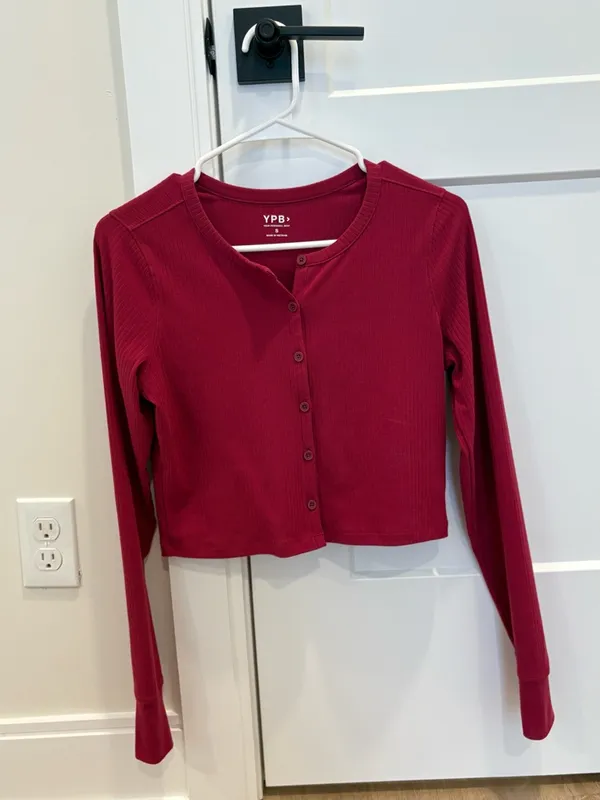 YPB by Abercrombie Women's Long-Sleeve Button Ribbed Top - Burgundy - Image 2