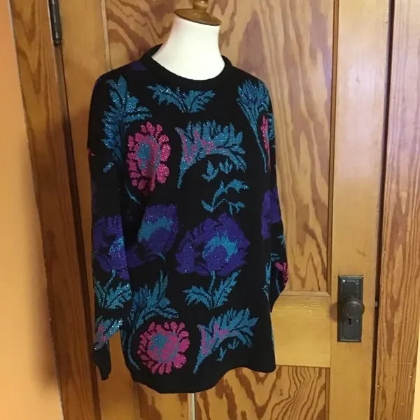 Vintage 80s Sparkly Floral Sweater Black Purple Teal Oversized Retro Cozy - Image 6
