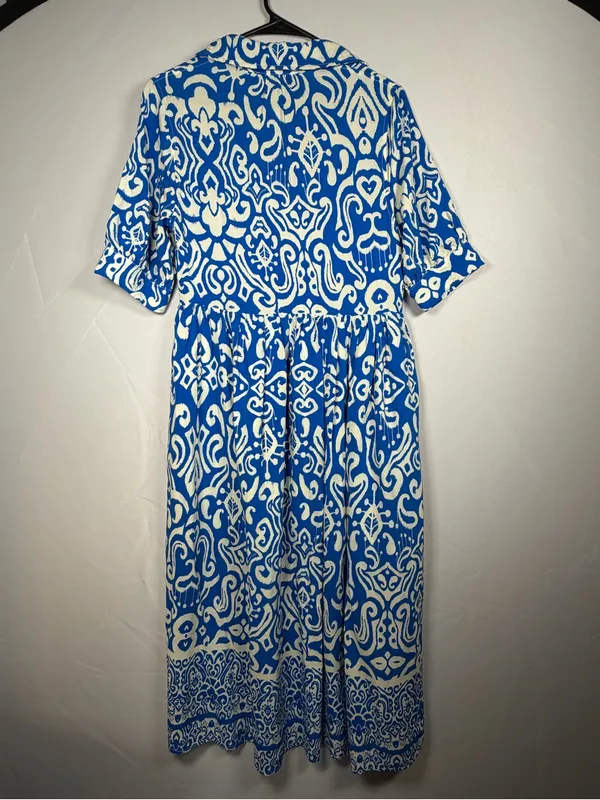 Entro Shirt Dress Women Size S Blue White Ikat Print Midi Side Pockets - Image 3