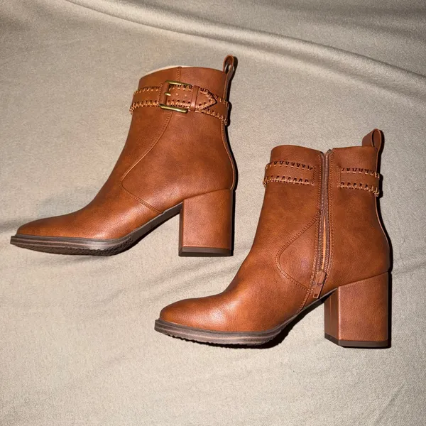 Zodiac Rexx Ankle Boots Cognac Brown Whipstitch Buckle Block‎ Heel Booties 7M - Image 3