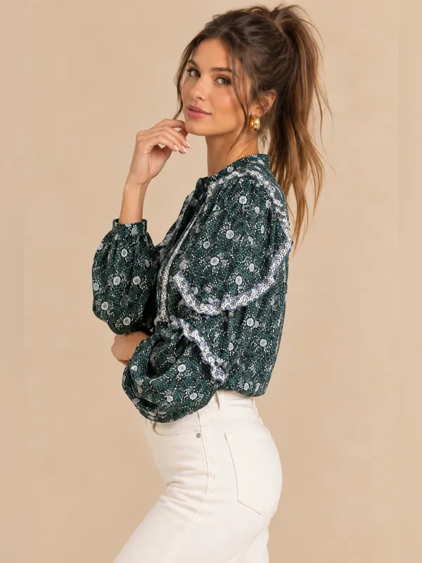 J.Crew Green Ditzy Floral Ruffle Trim Button Front Yolk Long Sleeve Blouse Small - Image 2