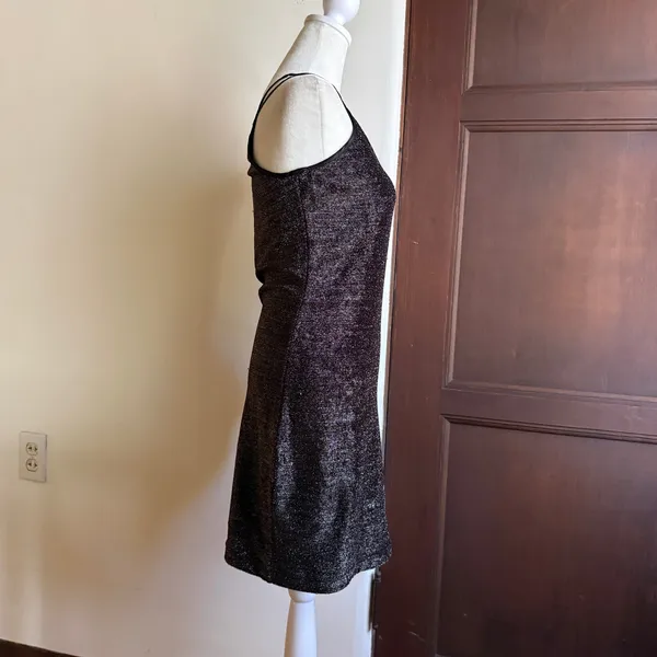 80s Guess by Maurice Marciano One Shoulder Mini Dress Black Gold Sparkles Small - Image 3