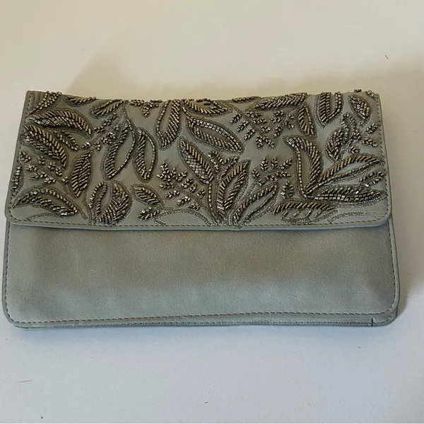 Abercrombie Embroidered Beaded Leather Gray Clutch - Image 3