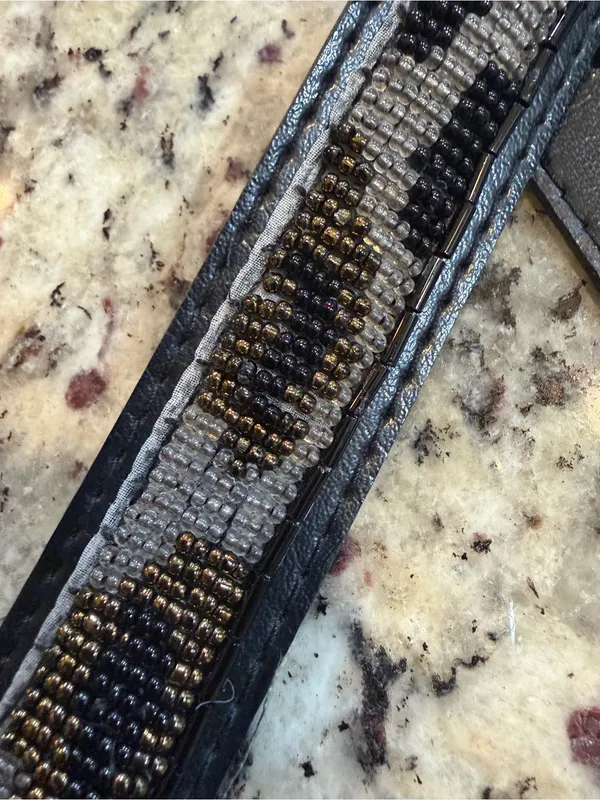 Vintage 80s A.Brod Beaded Animal Print Black Leather Belt w/ Silver Tone Buckle - Image 3