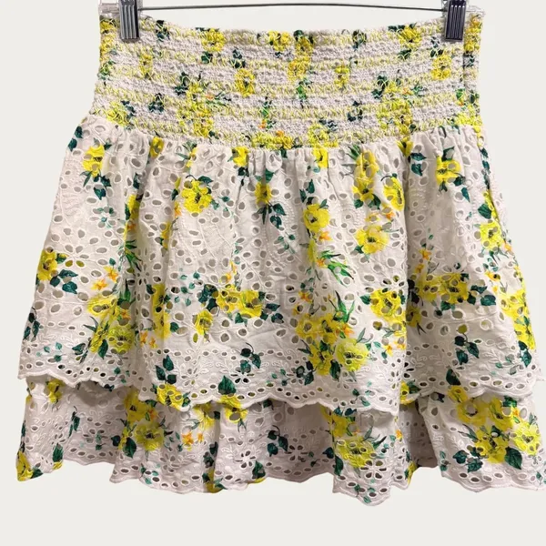 Alice + Olivia Bethie Mini Skirt in "Drifting By Floral" Smocked Tiered- Small - Image 3