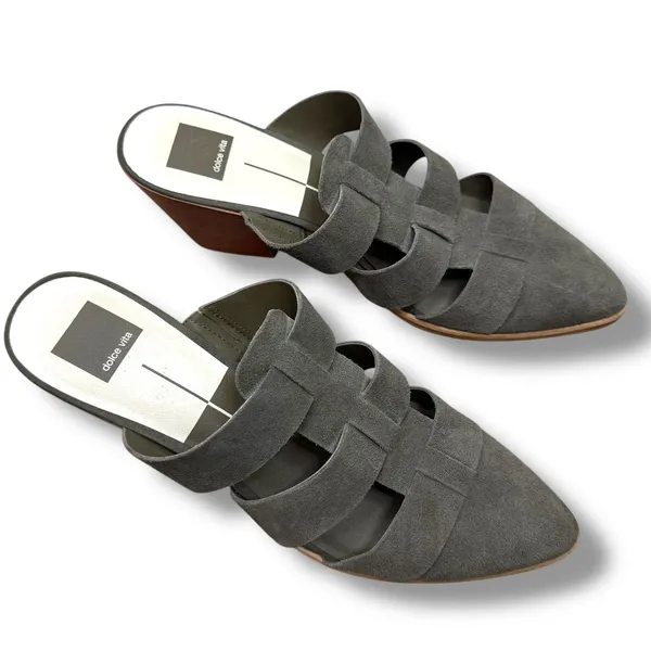 Dolce Vita Dark Grey Suede Pointed-Toe Fisherman Cage Slip-On Block Heel Mules - Image 3
