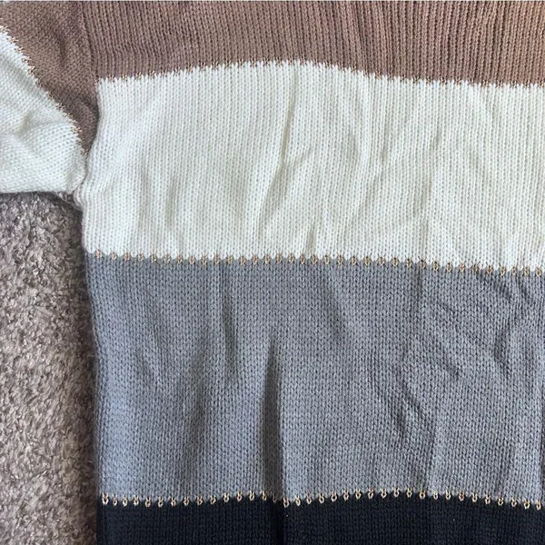 🦋 Striped Tan White Gray Black Sweater Gold Metallic Stitching Fall Casual - Image 6