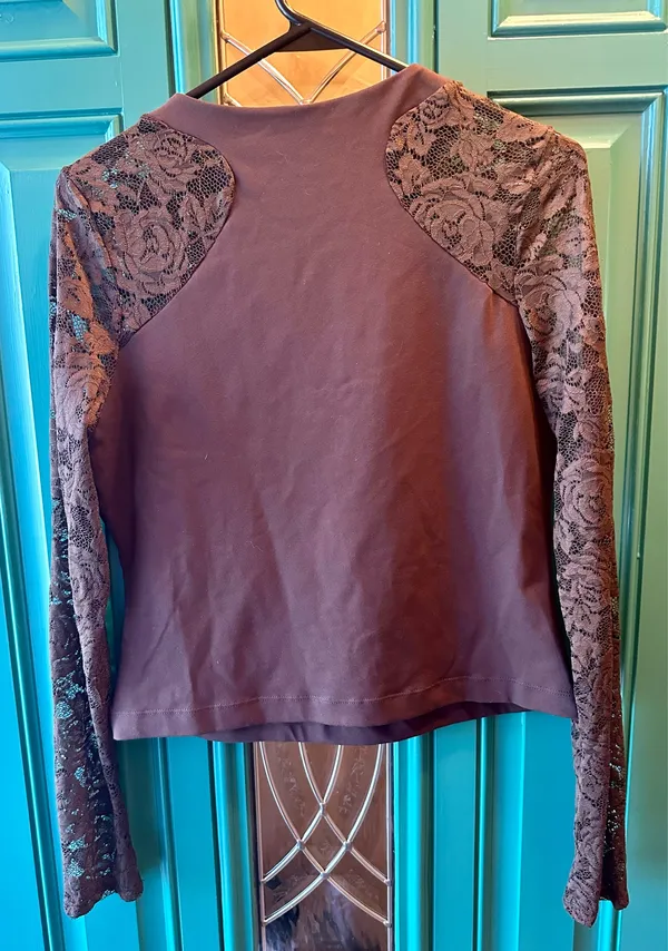 Free People No Excuses Lace Sleeve Top Hot Fudge Brown Sheer Knit Shirt Size L - Image 6