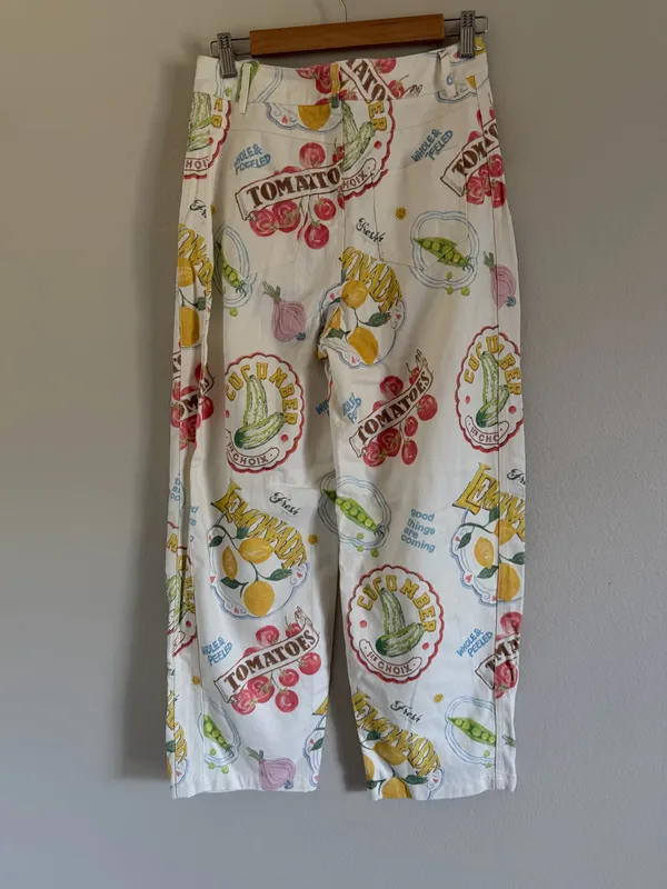 COTTON MID RISE FRUIT CAT GRAPHIC BARREL-LEG TROUSERS small - Image 5