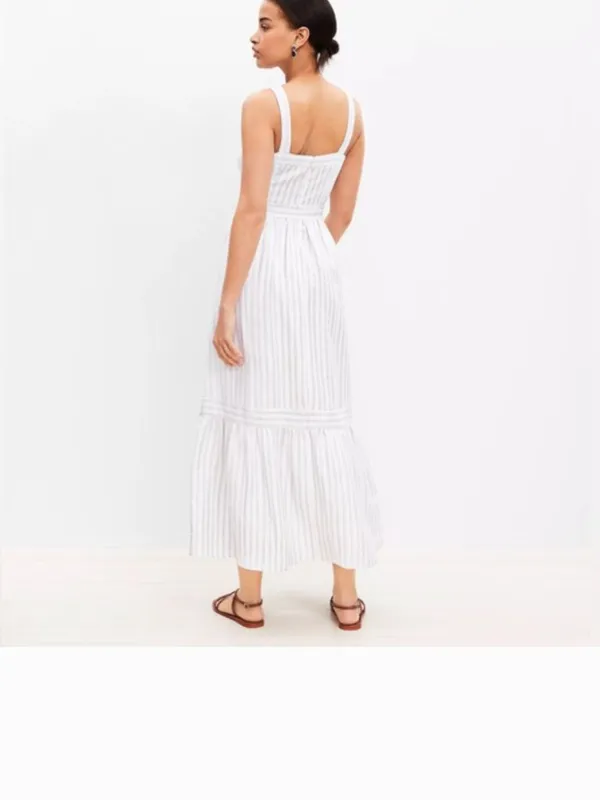 NWT LOFT Shimmer Striped Linen Blend Square Neck Midi Dress - Image 4
