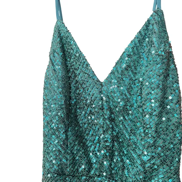 Crystal Doll Sequin V-Neck‎ Spaghetti Strap Lined Mini Dress Green 0 Festive Party Club Rave - Image 3