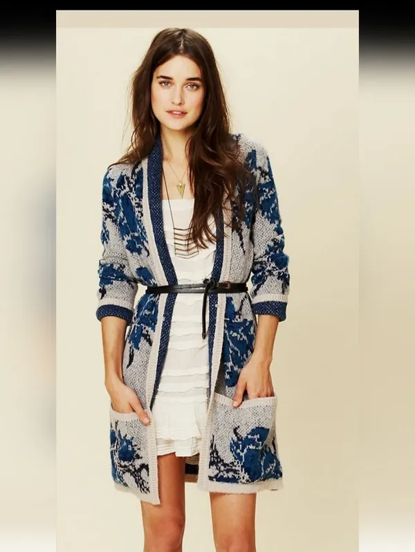 Free People Power Flower Blue Floral Open-Front Knit Cardigan Size S - Image 2