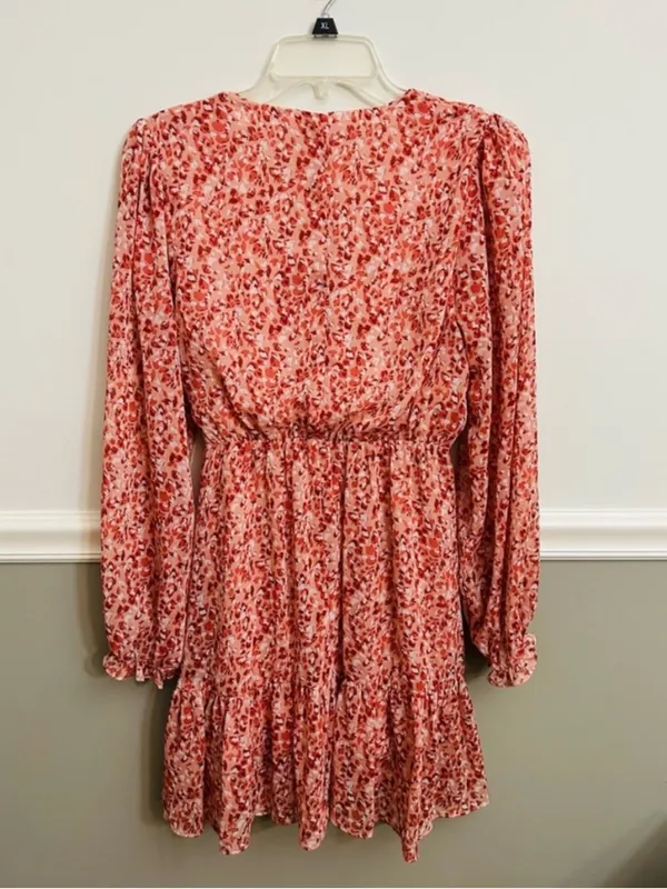 Chelsea 28 Pink White Floral Faux Wrap Long Sleeve Feminine Chiffon Dress Medium - Image 3