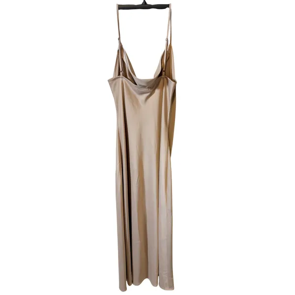 All In Love Champagne Satin Cowl Neck Midi Slip Dress Side Slit Beige Small - Image 2