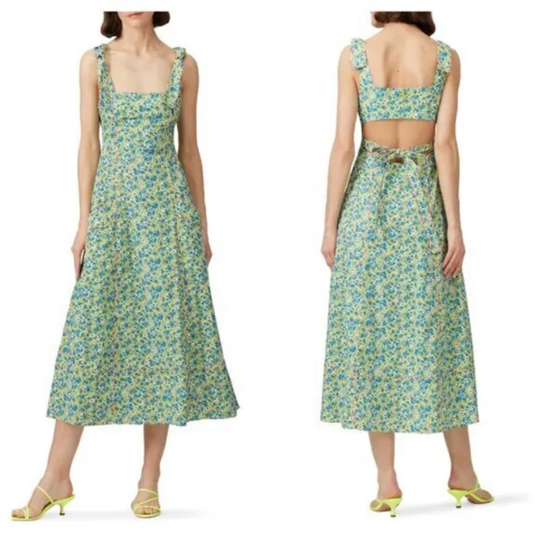 Cinq a Sept Perla Floral Square-Neck Midi Dress in green and blue, 2 - Image 2