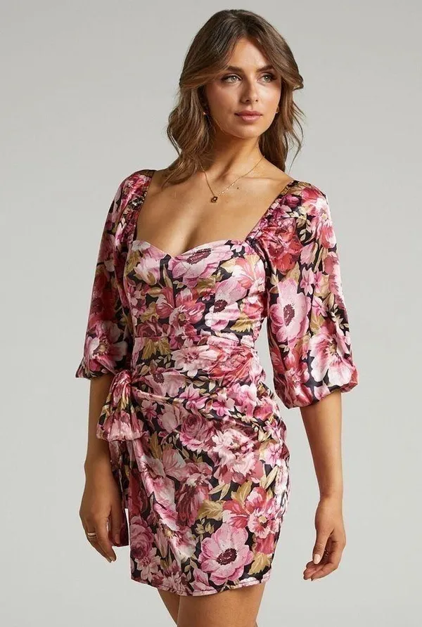 SHOWPO Chloie Puff Sleeve Drape Mini Dress In Boudoir Blooms - Image 3