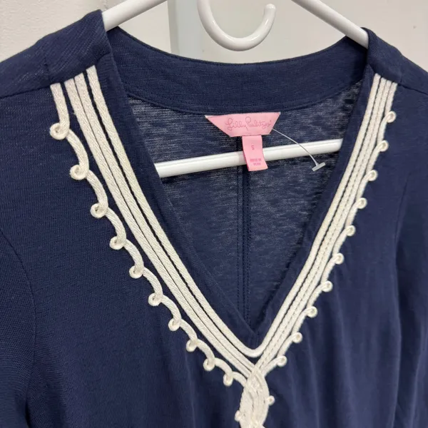 Lilly‎ Pulitzer Tidewater Embroidered Tunic Dress Sm Navy 3/4 Sleeve Mini Jersey - Image 5