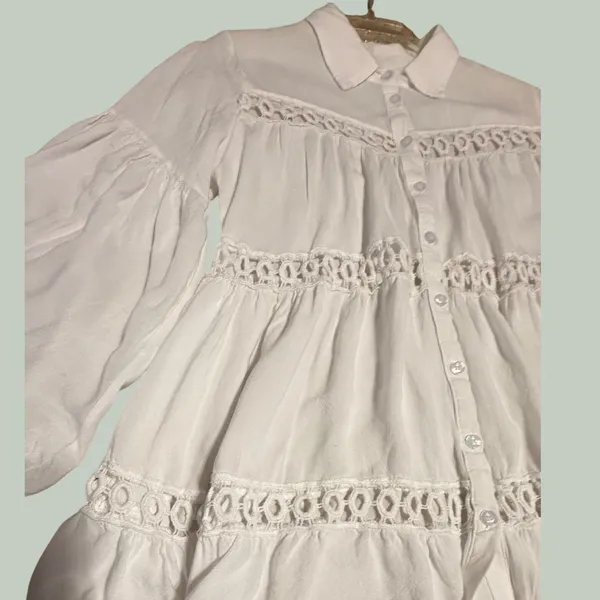 Boho White Tiered Button‎ Down Tunic Crochet Lace Bell Sleeve Top - Image 13