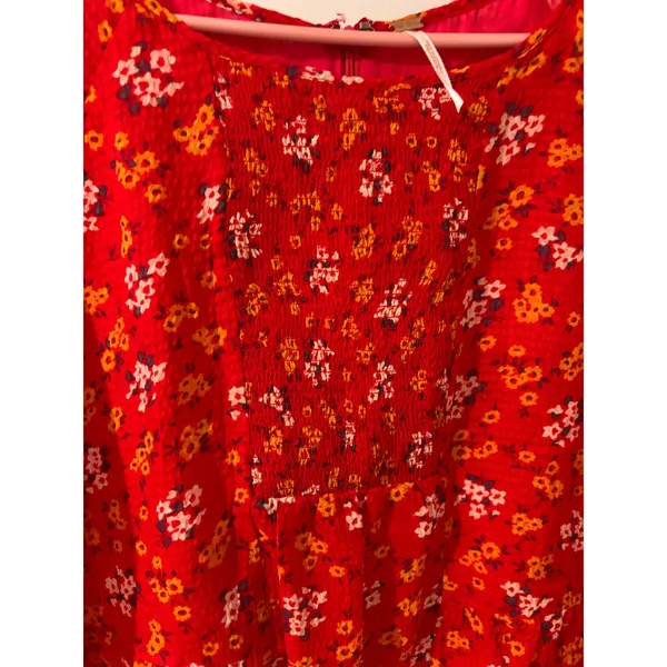 Free People‎ Red Floral Smocked 3/4 Sleeve Boho Smock Top Sz 10 - Image 5