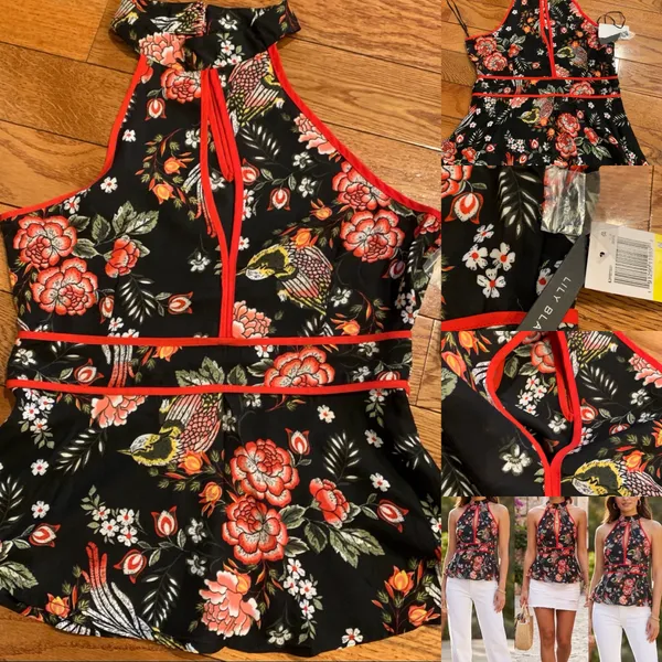LILY black floral and bird design peplum /halter neck black sleeveless top M - Image 13