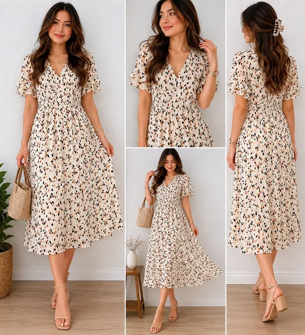 BloomChic Cream Midi Dress with Black and Brown Leaf Print - Image 2